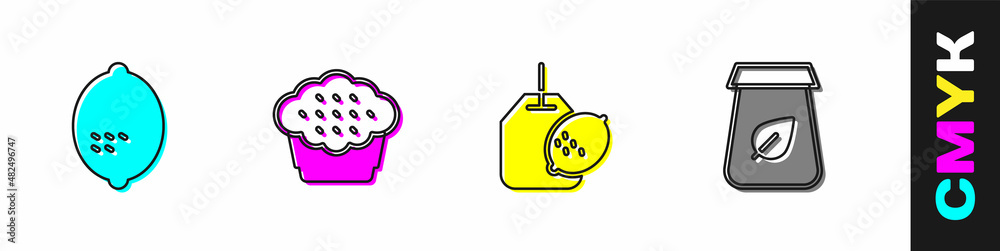 Set Lemon, Muffin, Tea bag with lemon and packaging icon. Vector