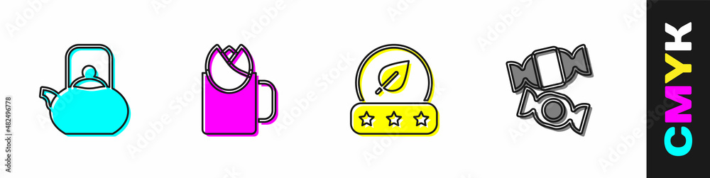 Set Kettle with handle, Cup of tea rose, Tea leaf and Candy icon. Vector