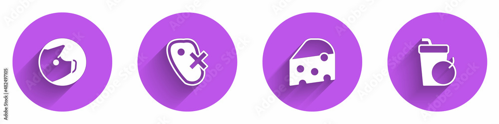 Set Pig, No meat, Cheese and Fresh smoothie icon with long shadow. Vector