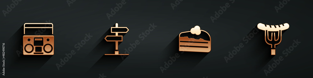 Set Home stereo with two speakers, Road traffic sign, Piece of cake and Sausage on the fork icon wit