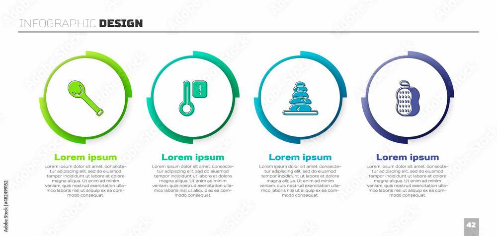 设置桑拿勺、温度计、堆叠热石头和抹布。商业信息图模板。矢量