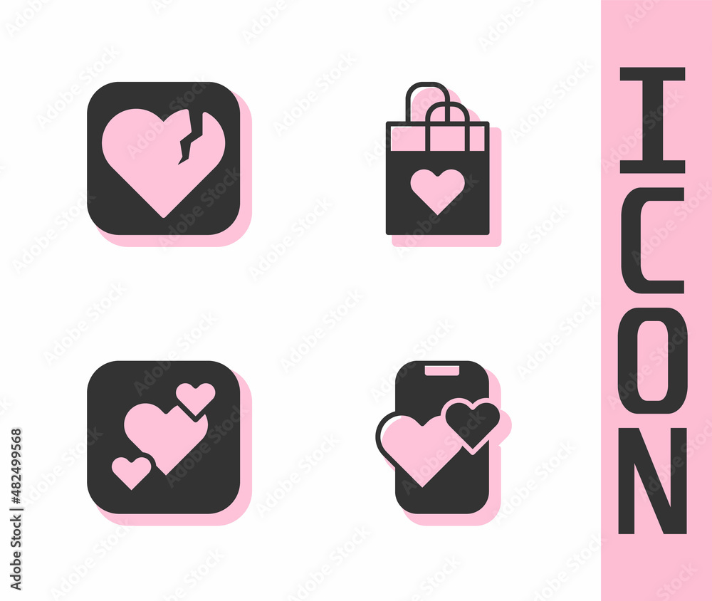 Set Dating app online mobile, Broken heart or divorce, Heart and Shopping bag with icon. Vector