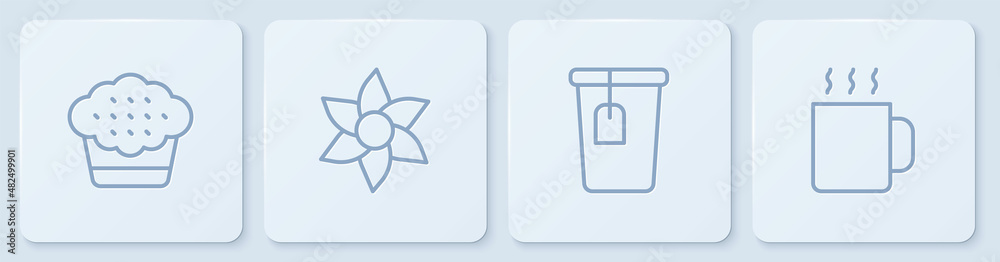 Set line Muffin, Cup with tea bag, Flower and of. White square button. Vector