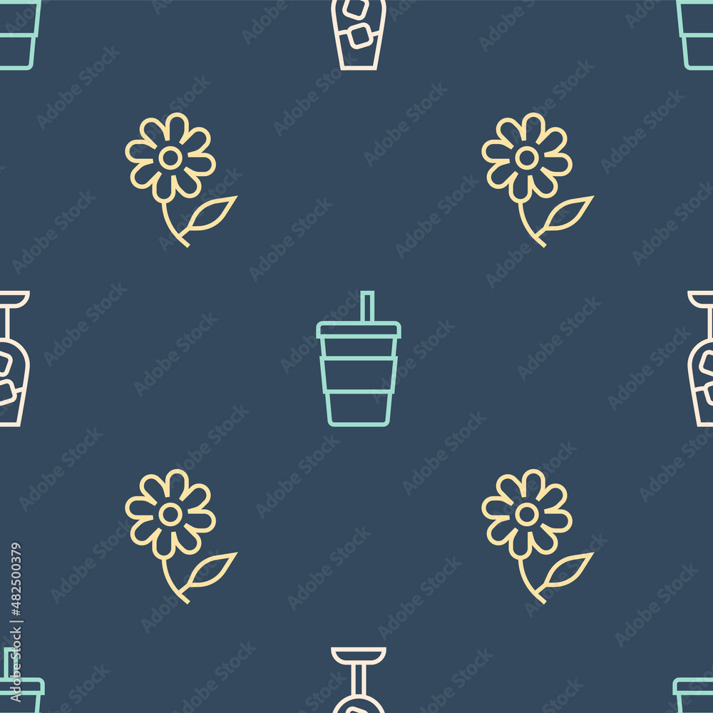 Set line Wine glass, Flower and Paper with water on seamless pattern. Vector