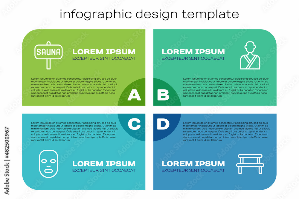 套装面膜、桑拿浴室、木长凳和桑拿浴室里的男人。商业信息图模板