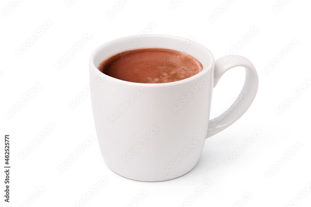 Cocoa drink in white mug isolated on white background. Clipping path