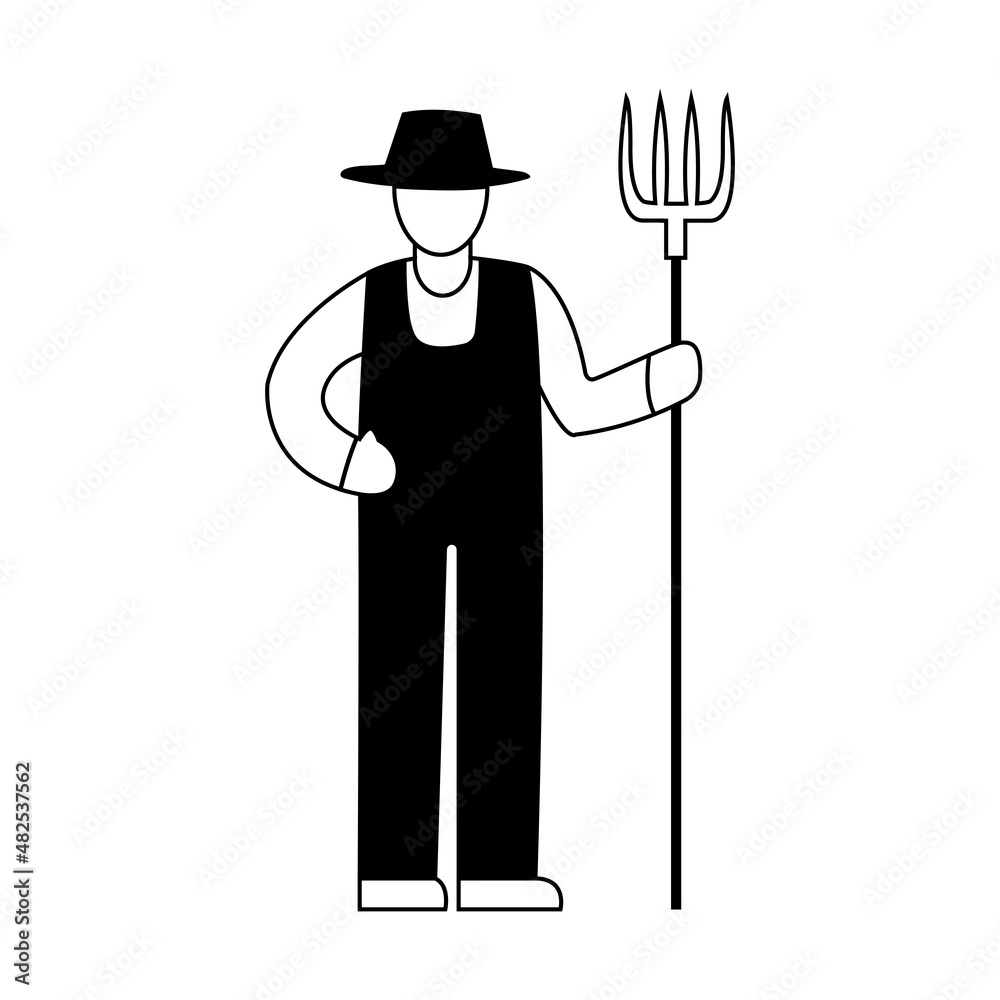 Illustration of a farmer with a pitchfork in the form of an icon, the farmer in a standing pose is i