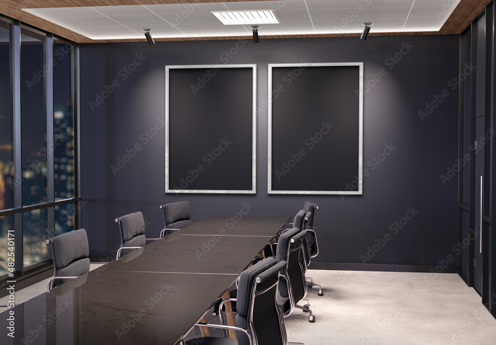 Two vertical frames Mockup hanging in office meeting room. Mock up of billboards in modern company i