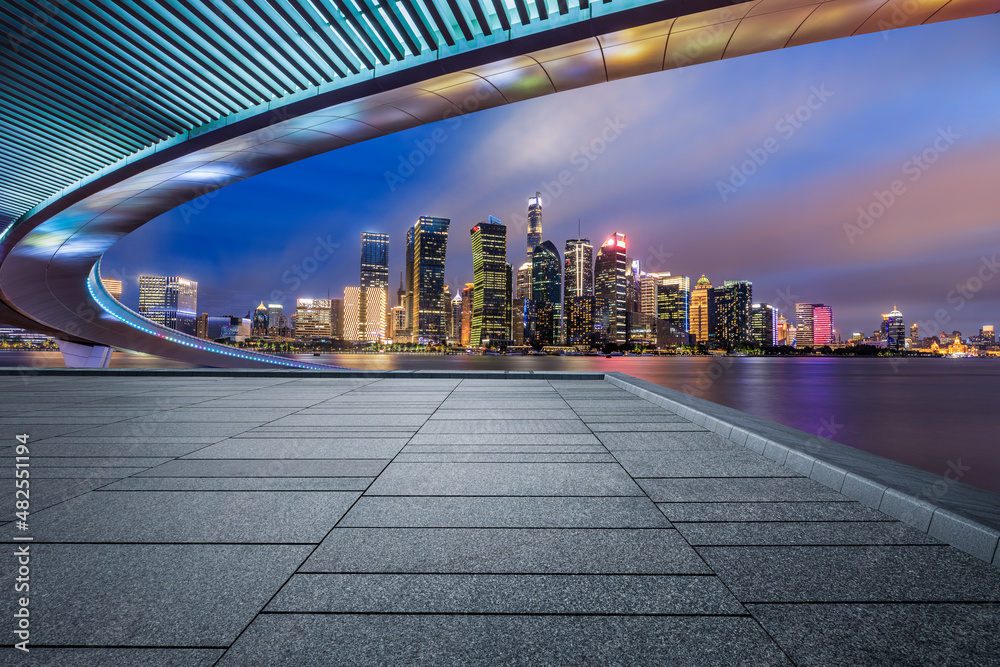 Panoramic skyline and modern commercial buildings with empty square floor in Shanghai, China. empty 