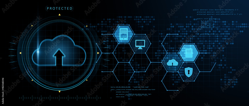 蓝色背景上的创造性宽视角发光云计算全息图。数据库和存储