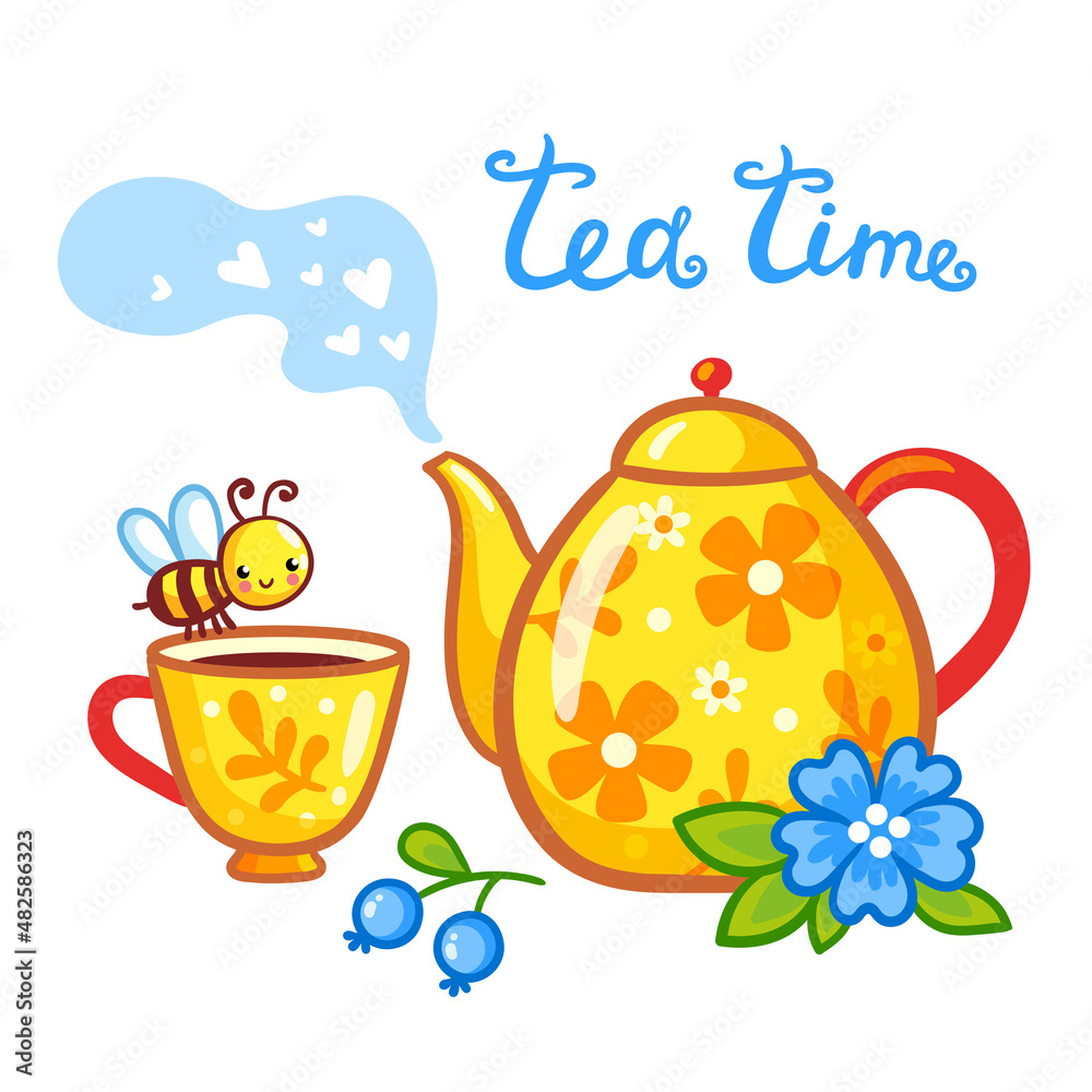 Vector greeting card with teapot and tea time inscription. Illustration of a tea set and a bee