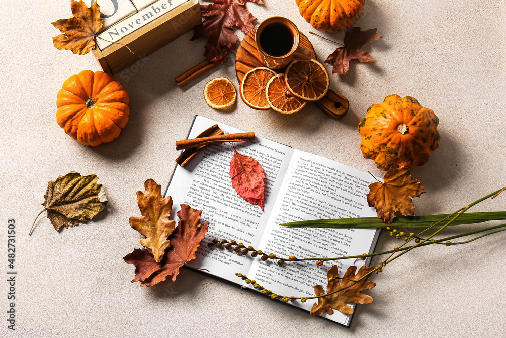 Autumn decor and book on light background