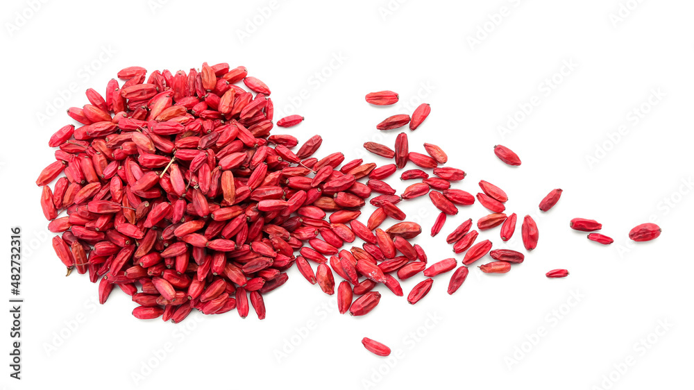 Pile of dried barberries on white background