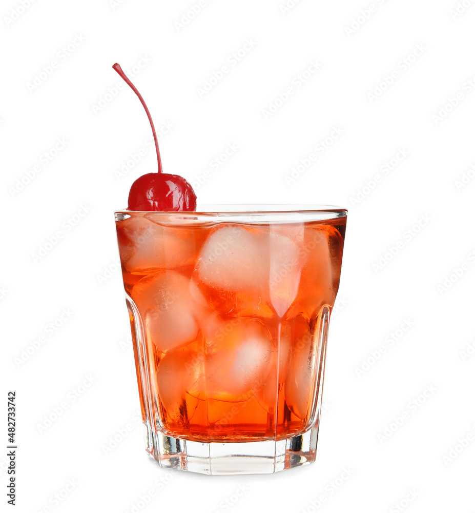 Glass of Manhattan cocktail with cherry and ice on white background