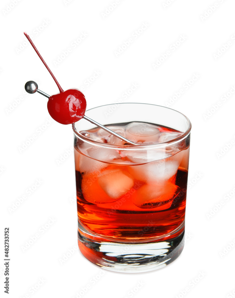 Glass of Manhattan cocktail with cherry and ice on white background