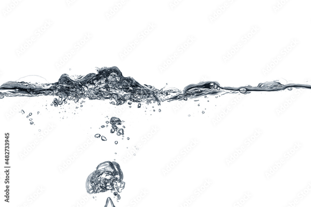 Clear water with air bubbles on white background