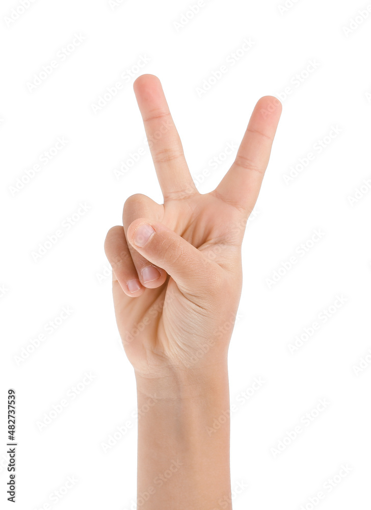 Child showing two fingers on white background