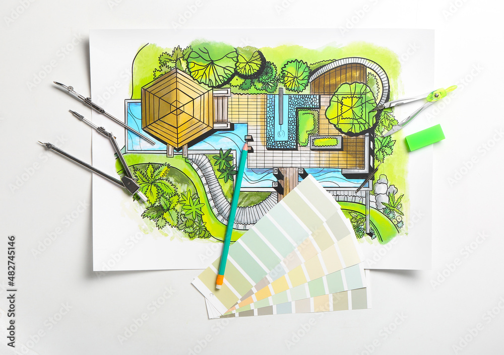 Plan of landscape designer with stationery and paint palettes on white background