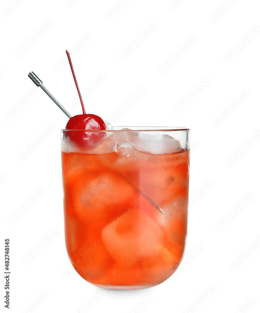 Glass of Manhattan cocktail with cherry and ice on white background