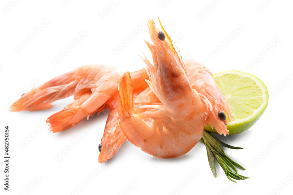 Tasty whole shrimps with lemon and rosemary on white background