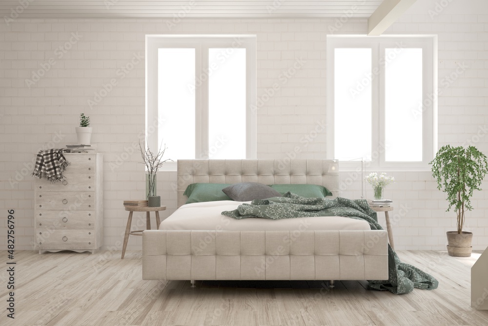 Soft color bedroom interior. Scandinavian design. 3D illustration