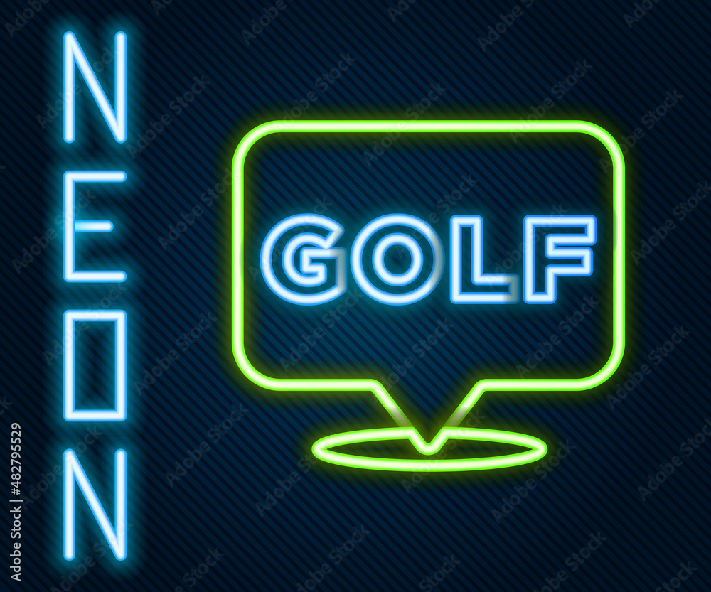 Glowing neon line Golf label icon isolated on black background. Colorful outline concept. Vector