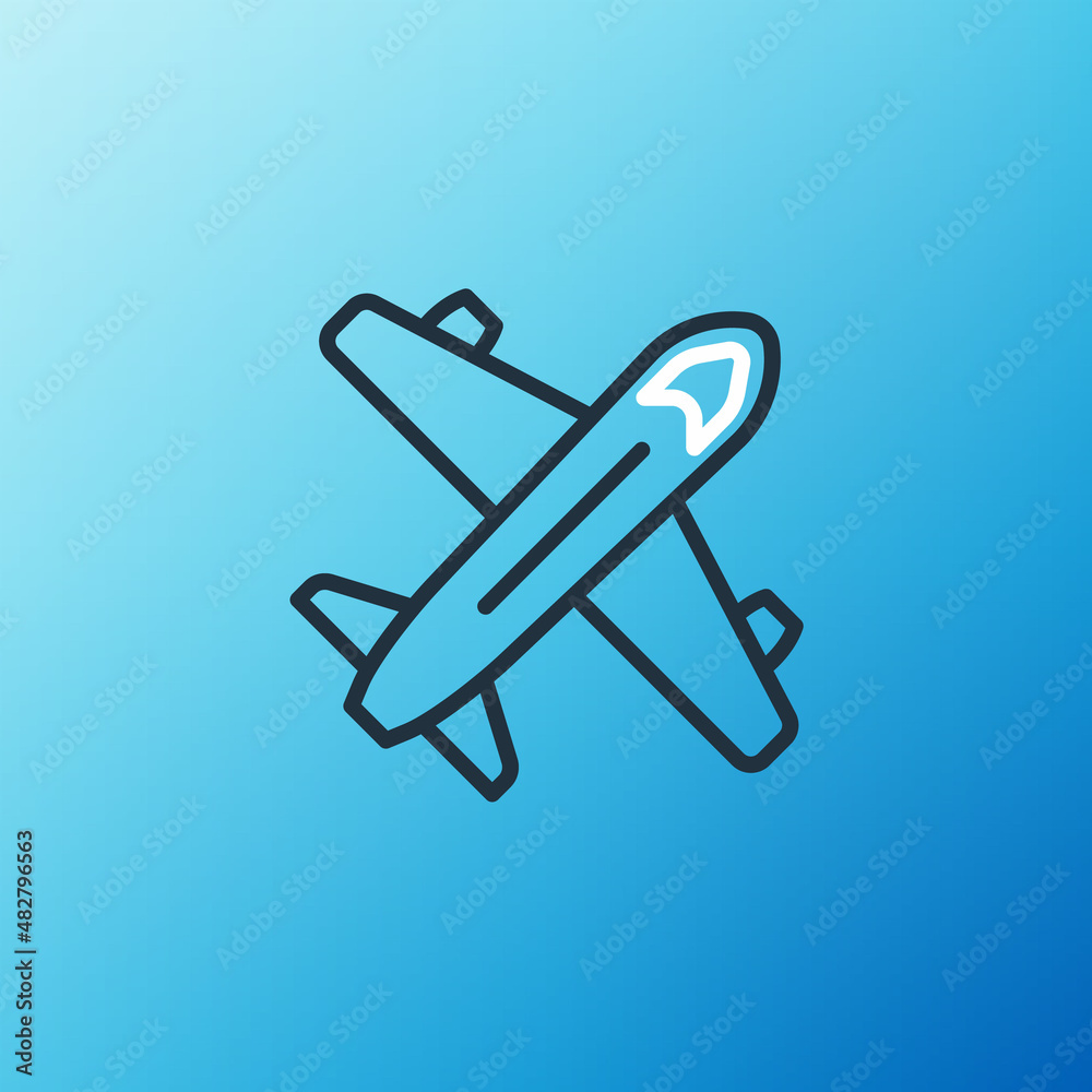 Line Plane icon isolated on blue background. Flying airplane icon. Airliner sign. Colorful outline c