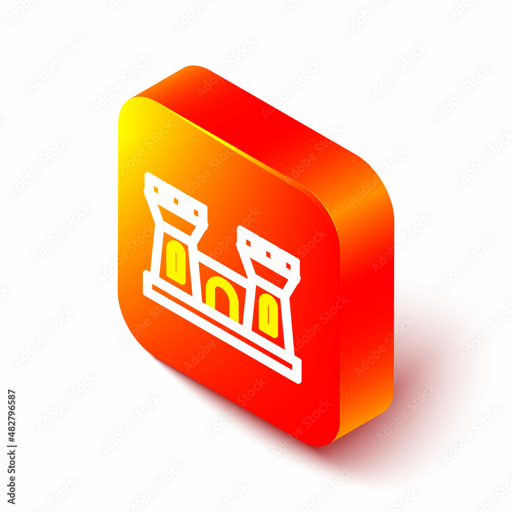 Isometric line Sand castle icon isolated on white background. Orange square button. Vector