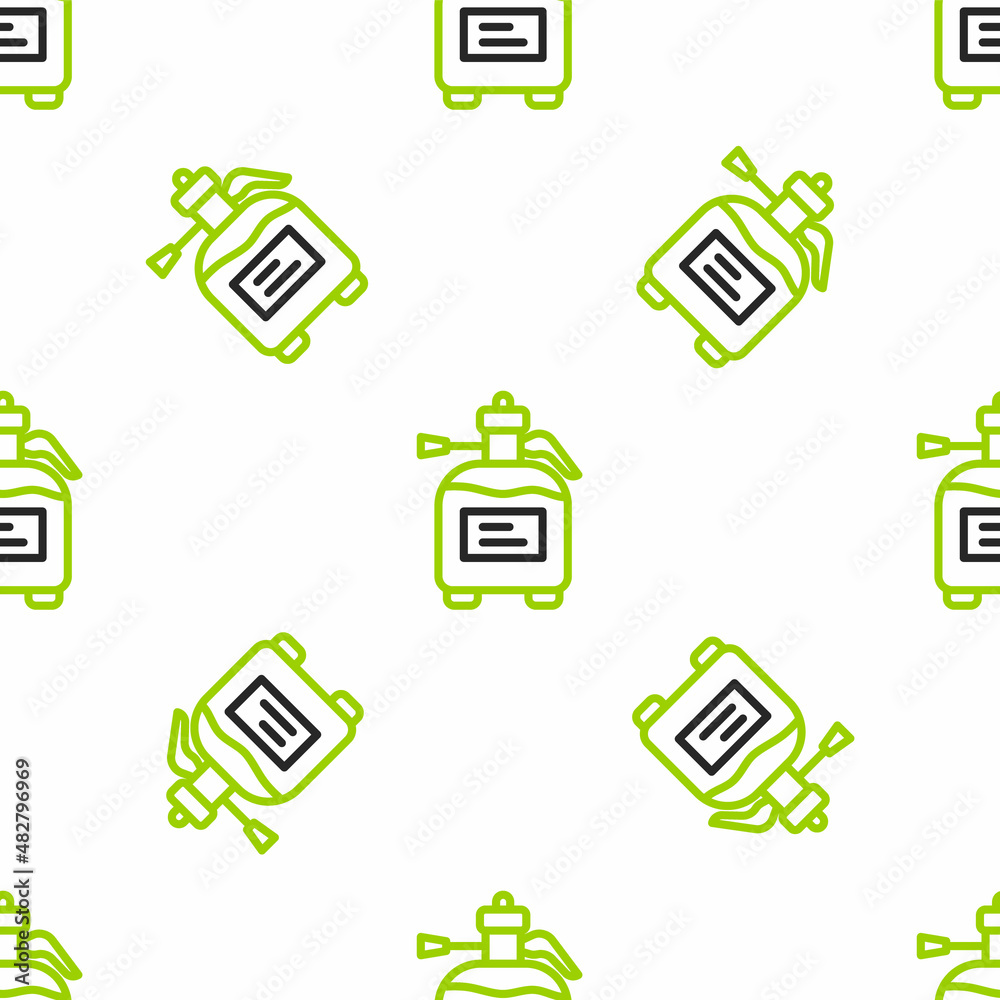 Line Garden sprayer for water, fertilizer, chemicals icon isolated seamless pattern on white backgro