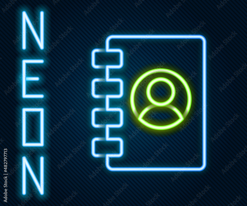 Glowing neon line Address book icon isolated on black background. Notebook, address, contact, direct