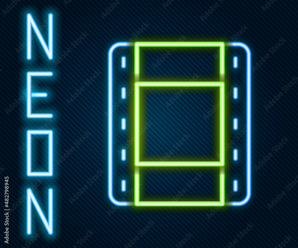 Glowing neon line Play Video icon isolated on black background. Film strip sign. Colorful outline co