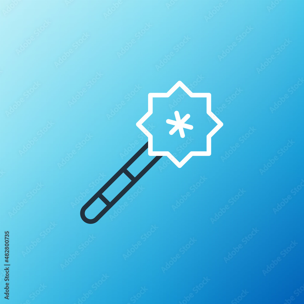 Line Magic wand icon isolated on blue background. Star shape magic accessory. Magical power. Colorfu