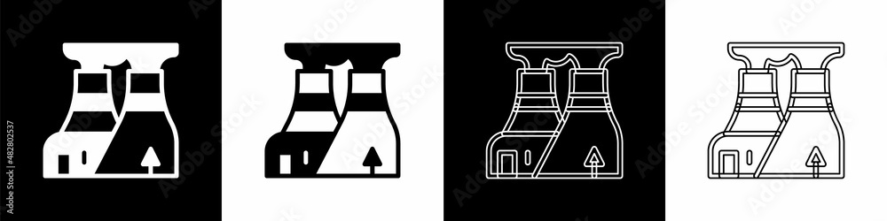 将核电站图标隔离在黑白背景上。能源工业概念。Vect