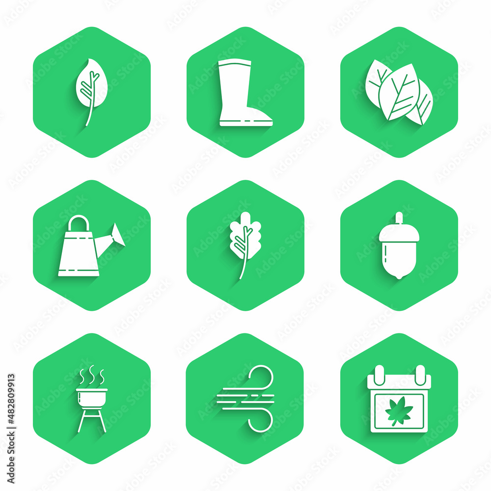 Set Leaf or leaves，Wind，Calendar with秋天，Acorn，Barbecue grill，Watering can，and icon。Vecto