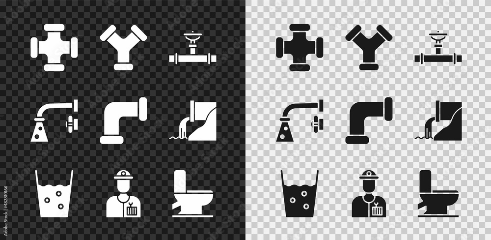 套装工业金属管道和阀门、带水玻璃、水管、抽水马桶、水龙头和图标.V