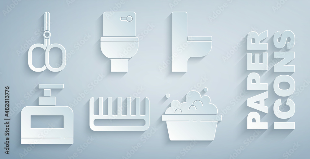 Set Hairbrush, Toilet bowl, Bottle of shampoo, Basin with soap suds, and Nail scissors icon. Vector