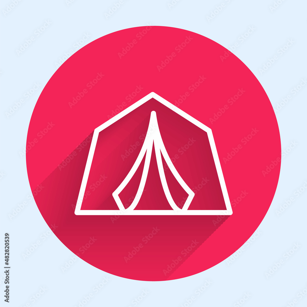 White line Tourist tent icon isolated with long shadow. Camping symbol. Red circle button. Vector