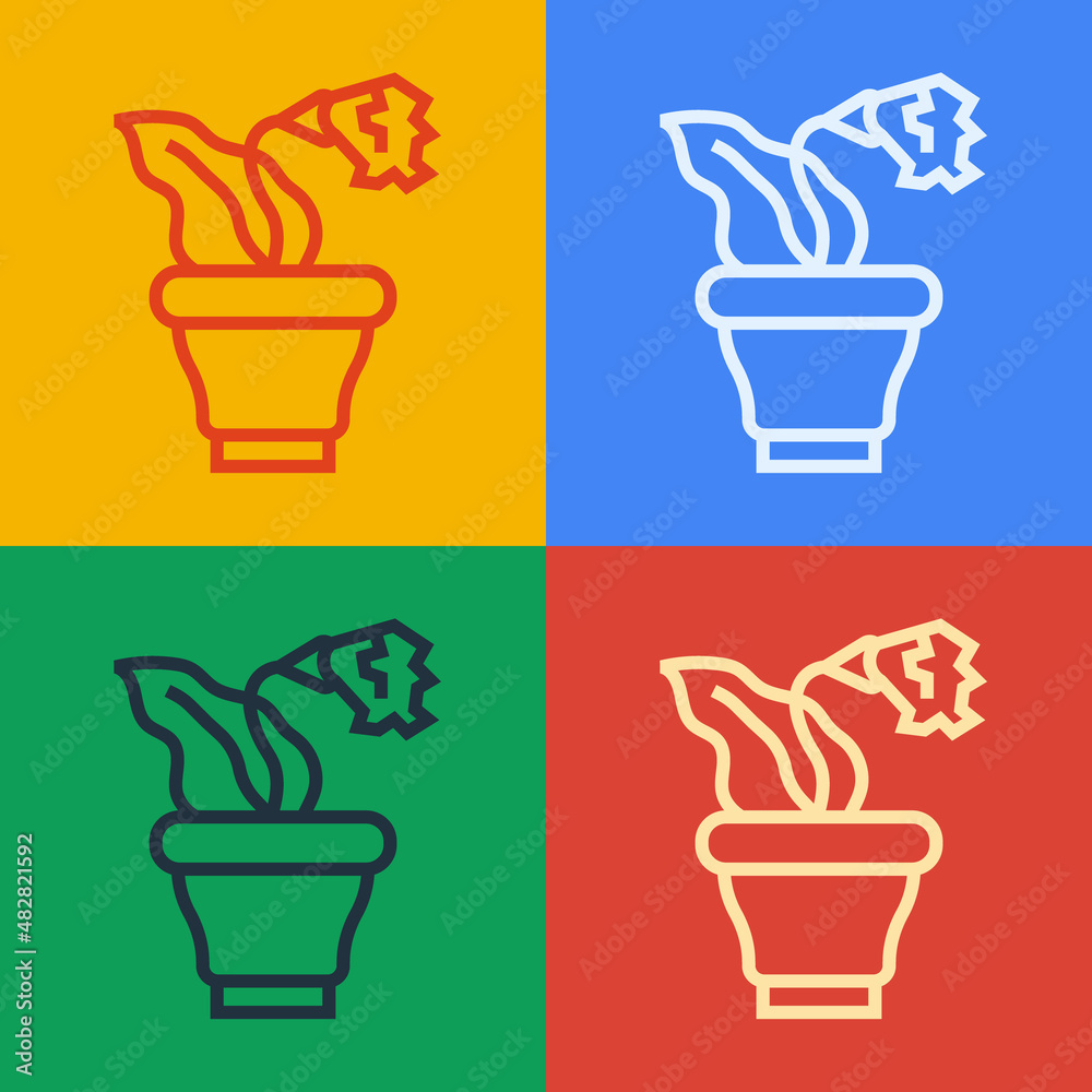 Pop art line Flower in pot icon isolated on color background. Plant growing in a pot. Potted plant s