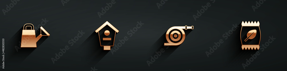 Set Watering can, Bird house, Garden hose and Fertilizer bag icon with long shadow. Vector