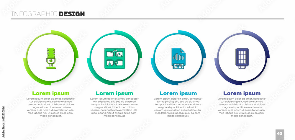 设置麦克风、情节提要、MP3文件文档和Softbox灯。商业信息图模板。Vect