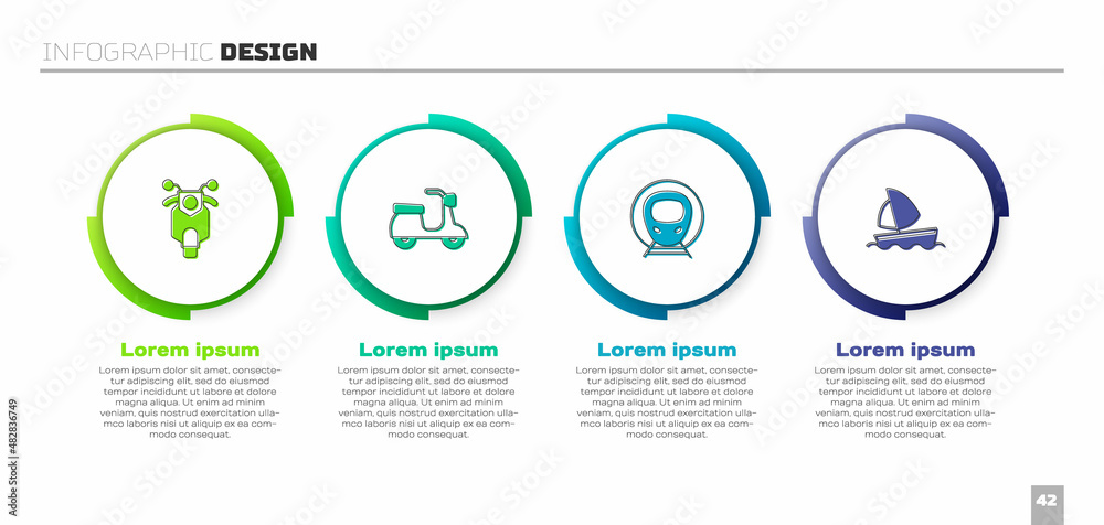 Set Scooter, Train and railway and Yacht sailboat. Business infographic template. Vector