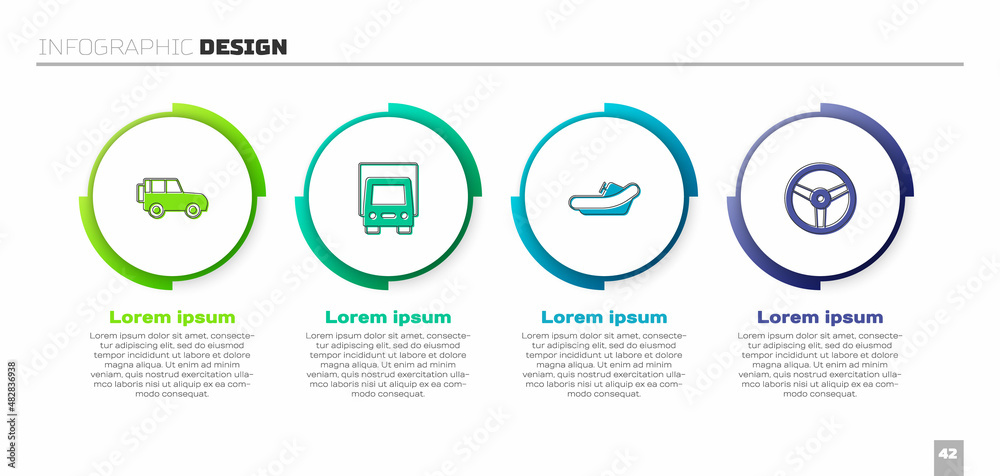 设置越野车，送货卡车，漂流船和方向盘。商业信息图templa