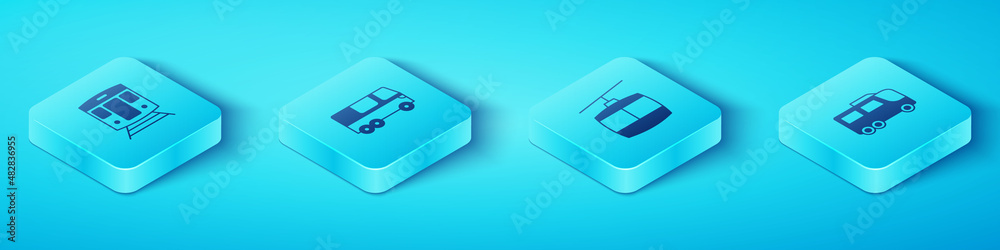 Set Isometric Train and railway, Bus, and Cable car icon. Vector