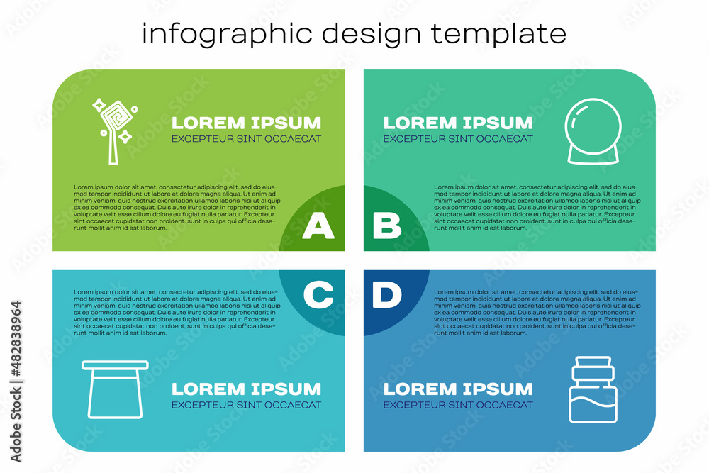 Set line Magic hat, staff, Bottle with potion and ball. Business infographic template. Vector