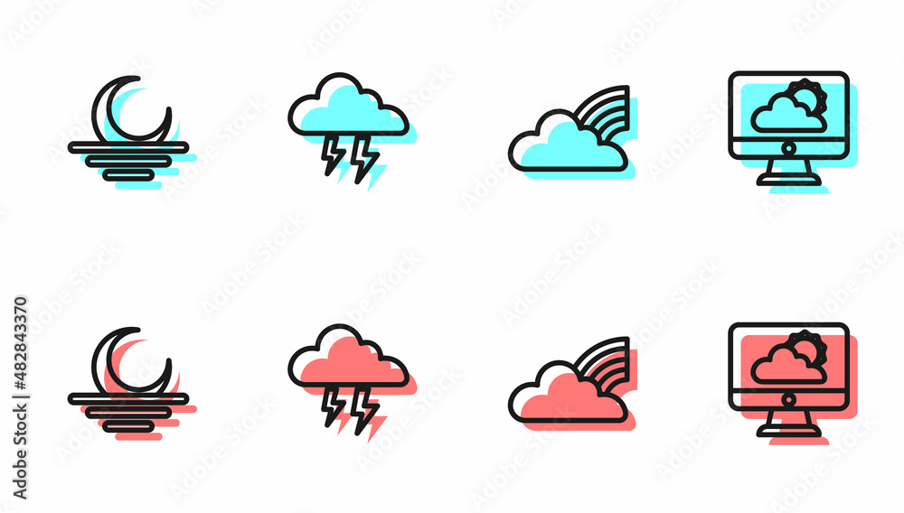 设置带云、日落、风暴和天气预报图标的彩虹线。矢量