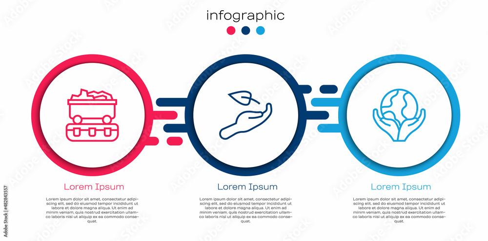 Set line Coal train wagon，Sprout hand and hand holding Earth globe.Business infographic template（定线煤