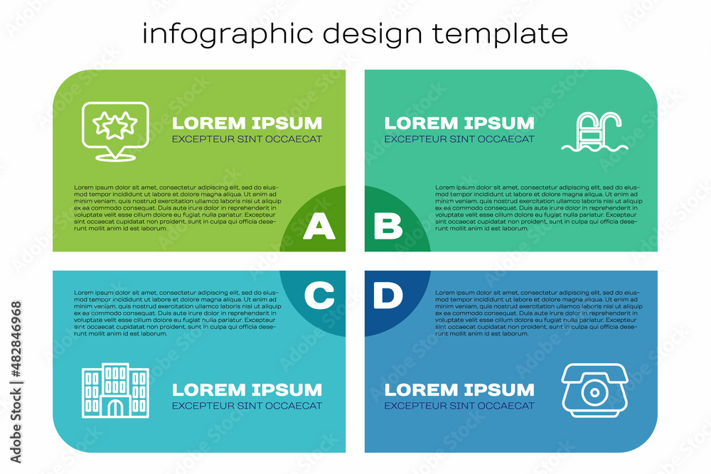 Set line Hotel building, Stars rating, Telephone handset and Swimming pool. Business infographic tem