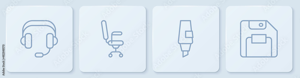 设置线耳机、记号笔、办公椅和软盘。白色方形按钮。矢量