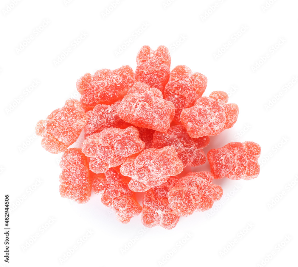 Heap of pink jelly bears on white background