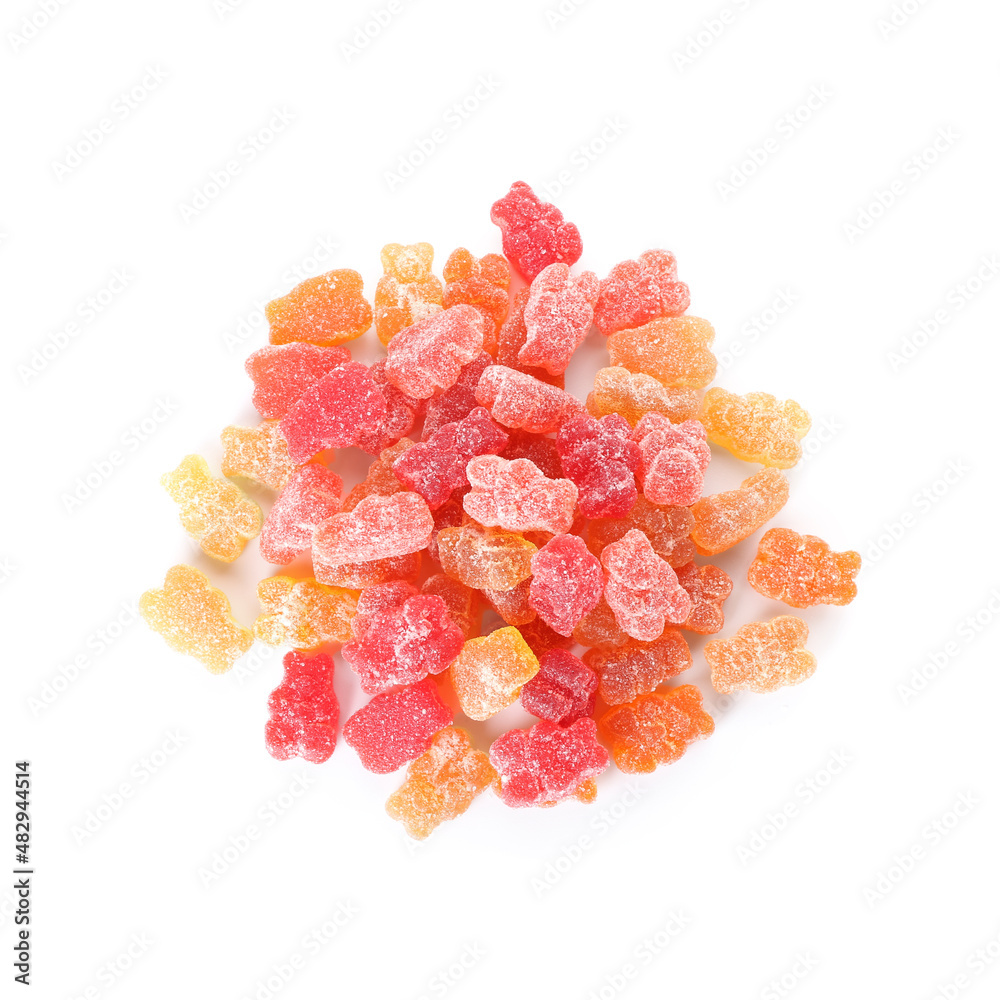 Heap of different jelly bears on white background